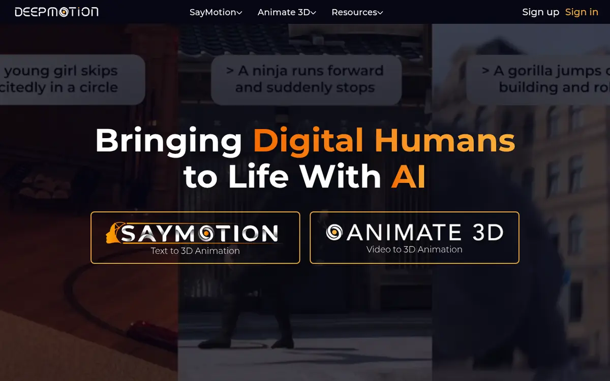 DeepMotion Animate 3D homepage screenshot