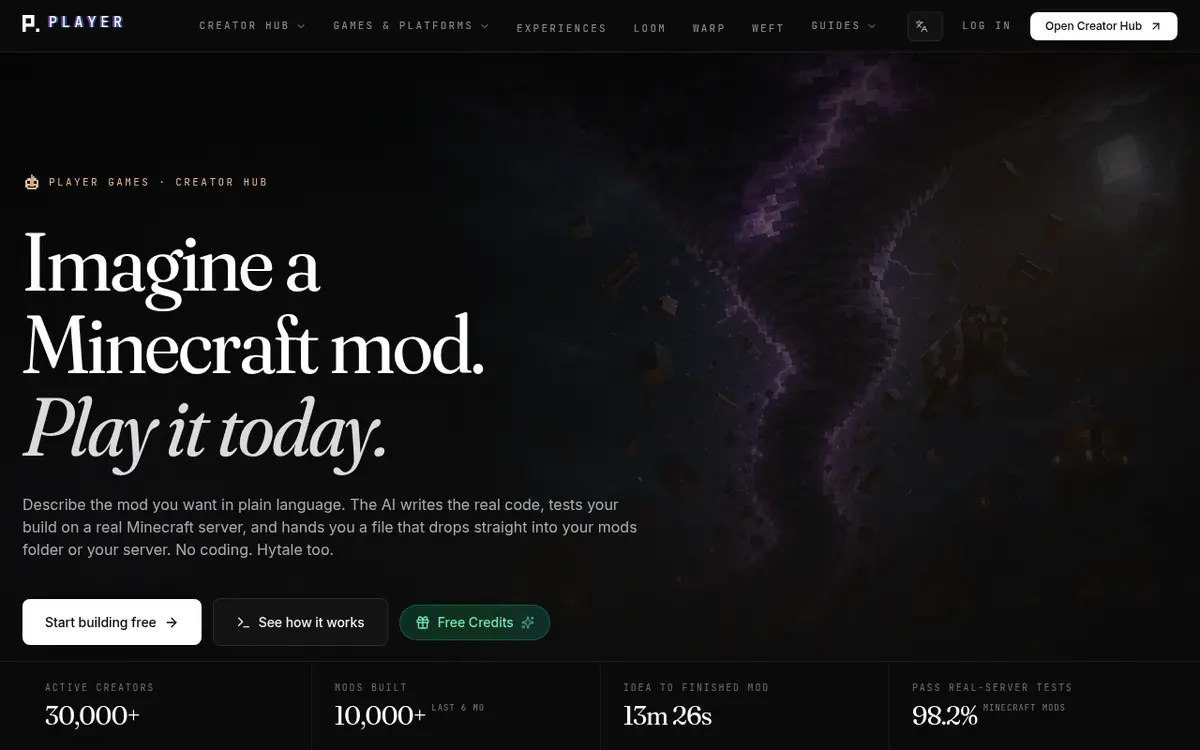 Player Creator Hub homepage screenshot
