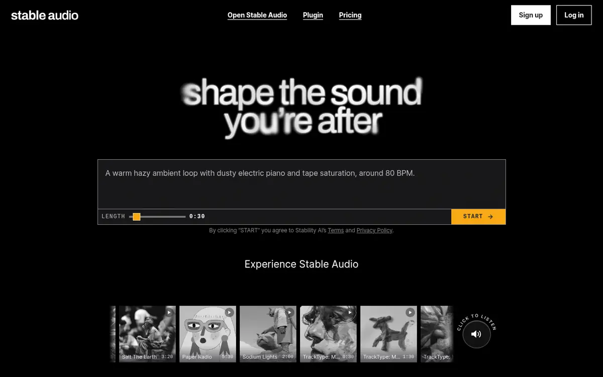 Stable Audio homepage screenshot