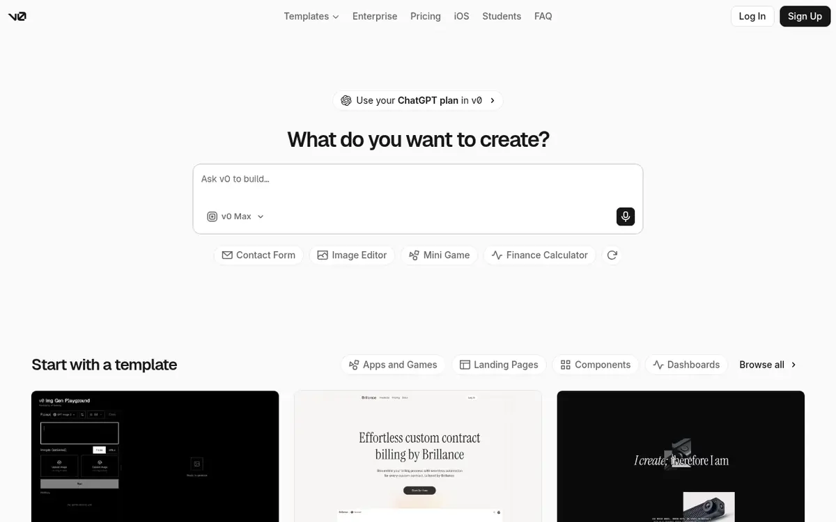 v0 by Vercel homepage screenshot